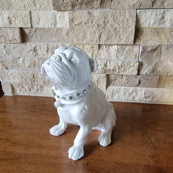 White glossy  english Bulldog figurine rhinestone collar - Picture 3 of 13